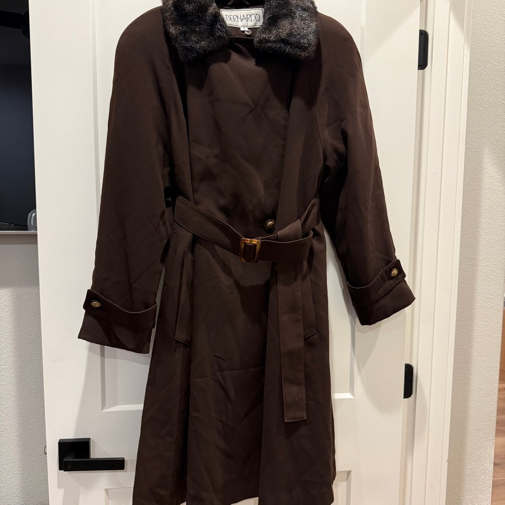 Vintage Bernardo Brown Belted Long Coat 6 Faux Fur Collar 90s Y2K
